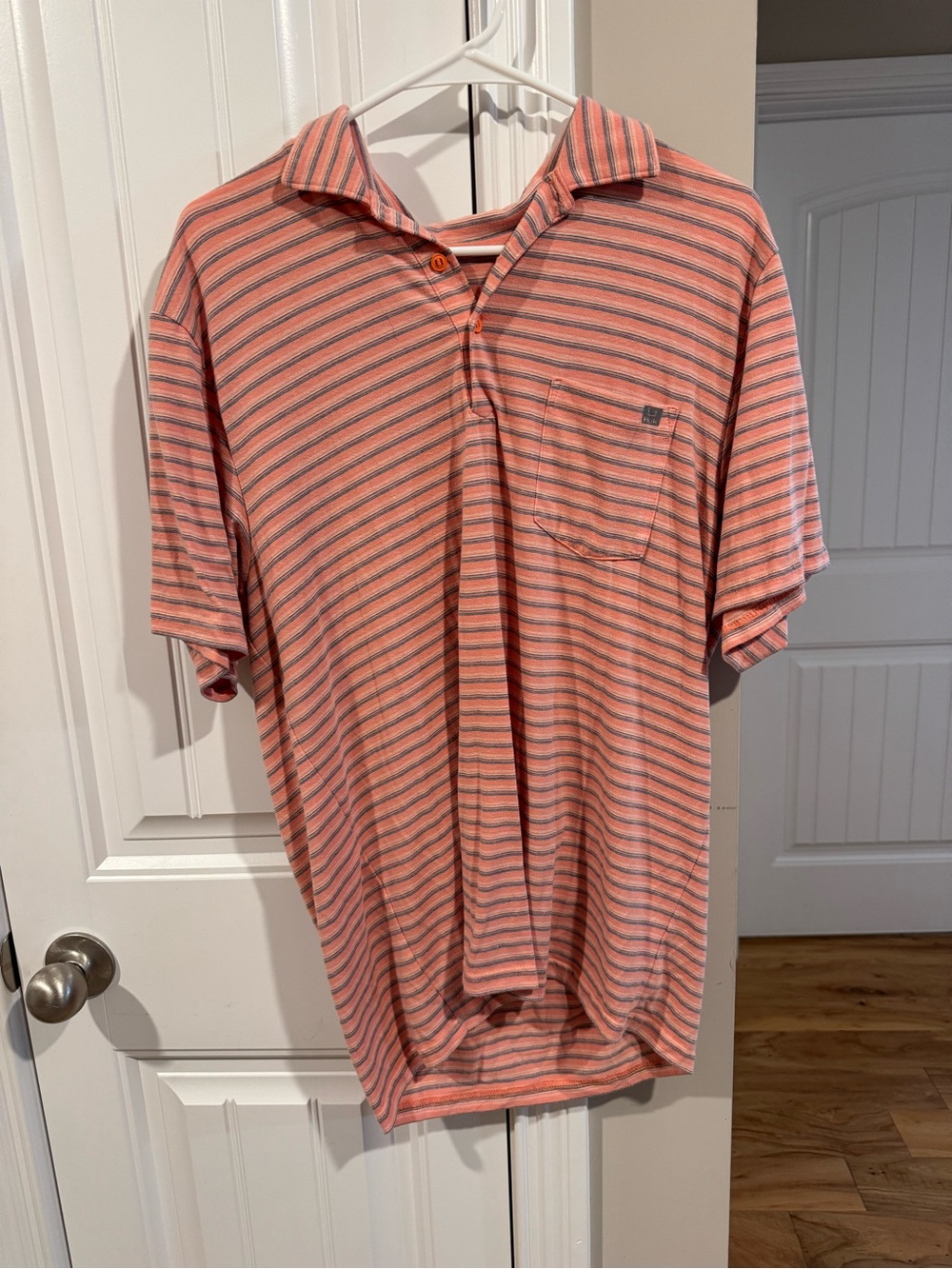 Men's HUK Short Sleeve Stripe Polo Shirt - Coral/Gray